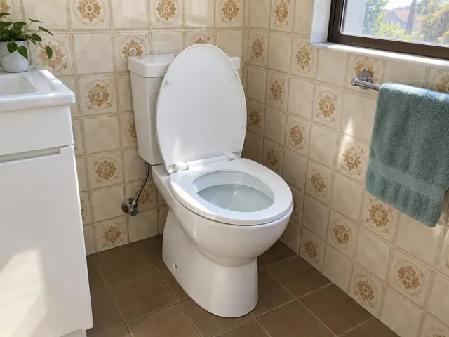 Clean toilet in a tiled bathroom beside a sink and window in Eastgardens